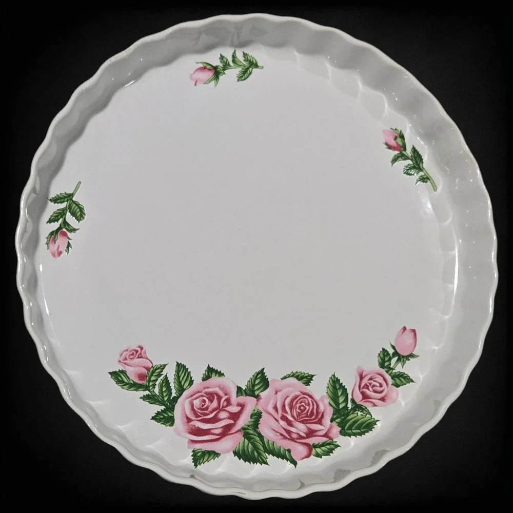Vintage White Pink Rose Floral Beveled Porcelain 9.5in Quiche Tart 1980s Pie Pan